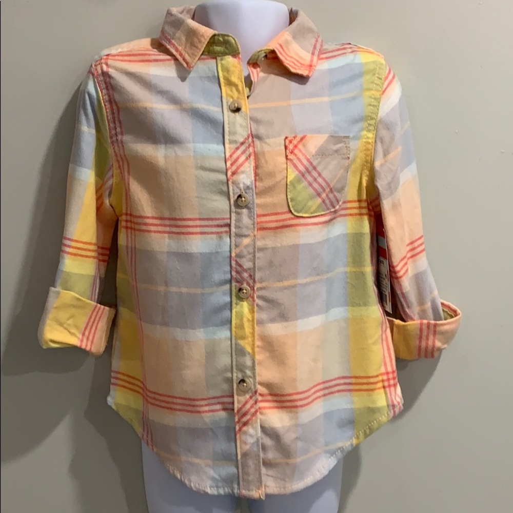 NWT Girls XS 4/5 Peach Plaid Button Down